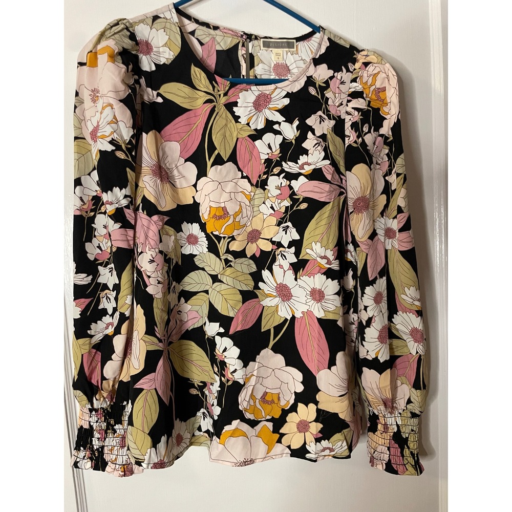 Pleione Black Floral Puff Sleeve Smocked Cuff Blouse Top Women's Size Small